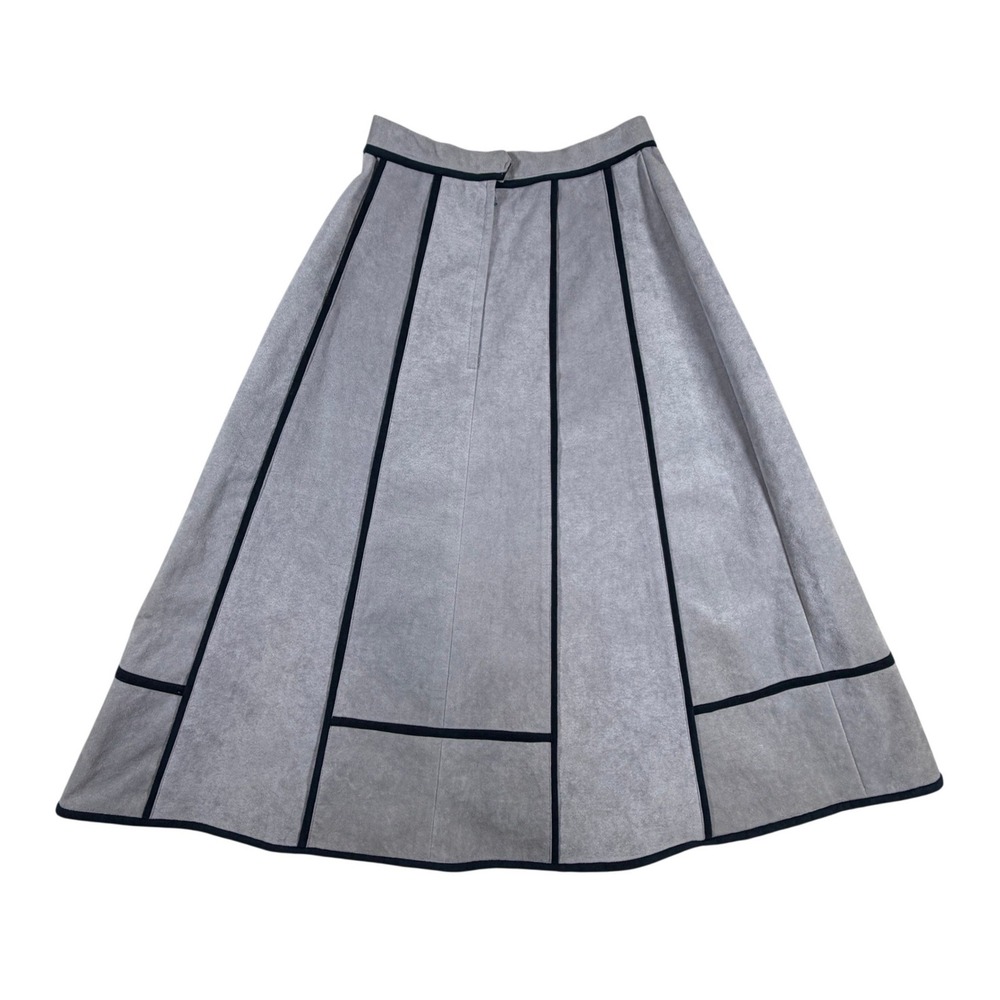 By Clarissa Vintage Ultra Suede Gray A-Line‎ Midi Skirt Black Piping Size 6